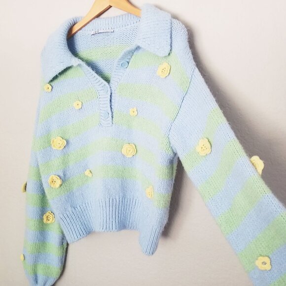 Zara Crochet 3D Floral Embroidered Striped Polo Collared Sweater L Blue Fairy - Picture 13 of 16